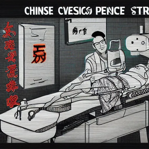 Image similar to chinese surgery operating table, in the style of daniel johnston and simon stålenhag and outsider art, 8k, line brush, overlaid with chinese adverts