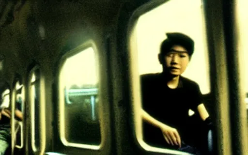 Prompt: Filipino college students ride a train, film still, ethereal, rule of thirds by Iwai Shunji