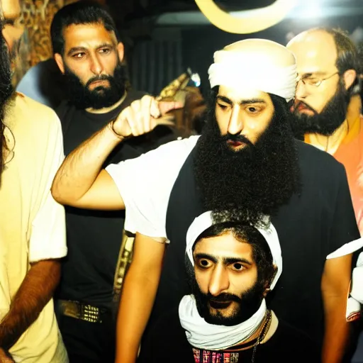 Prompt: osama bin ladin 4 k photo rapping at an underground hyperpop show.