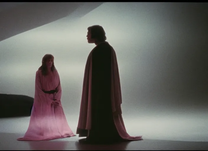 Image similar to Luke skywalker kneels before a jedi oracle woman, a mystic with infinite knowledge of time. a strange foggy pink land. still from the 1983 film directed by Stanley Kubrick, monolith, anamorphic, Photographed with Leica Summilux-M 24 mm lens, kodak stock, ISO 100, f/8, Portra 400