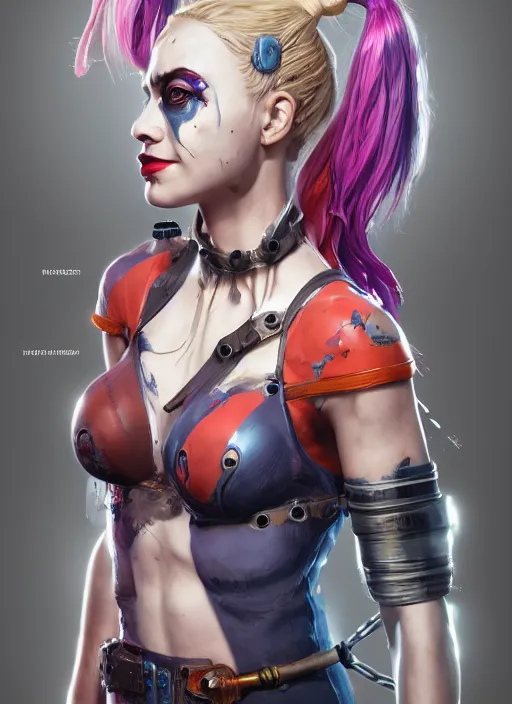 Prompt: biopunk portrait of harley quinn, au naturel, hyper detailed, digital art, trending in artstation, cinematic lighting, studio quality, smooth render, unreal engine 5 rendered, octane rendered, art style by klimt and nixeu and ian sprigger and wlop and krenz cushart