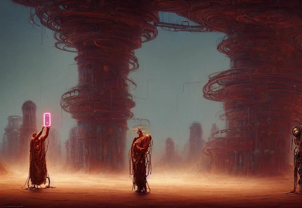 Prompt: A techno-magical male-shaman in shamanistic robes performs a ritual to resurrect a mechanical horse in a huge steel ancient ruins covered of dunes of sand. Art by Finnian MacManus, Simon Stalenhag. Masterpiece, fantasy art, cinematic, hyperdetailed, sigils, photorealistic, cyberpunk, postapocalyptic, steampunk, hyperrealism, octane render, 8k