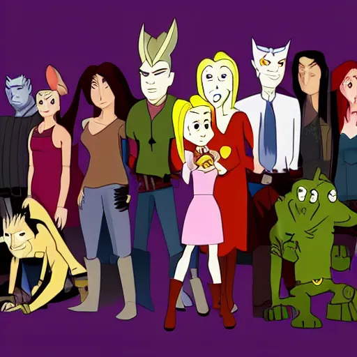 Prompt: buffy the vampire slayer, animated, fighting, vampires, stakes, atmospheric, still from courage the cowardly dog, moody