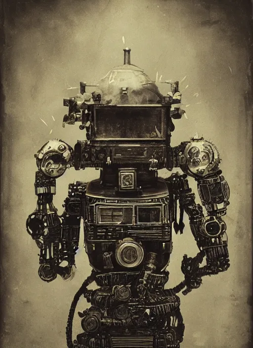 Prompt: old wetplate daguerreotype portrait of futuristic robot on fire, explosion of data fragments, fractal, intricate, elegant, highly detailed, parallax, leica, medium format, subsurface scattering, by jheronimus bosch and greg rutkowski and louis jacques mande daguerre