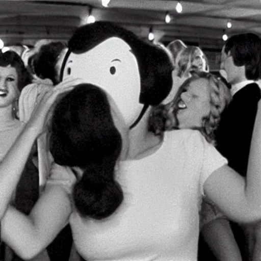 Prompt: a teenage girl with an inflatable head at the prom, the other students are laughing at her on the dancefloor, live-action john waters film, 1978, technicolor