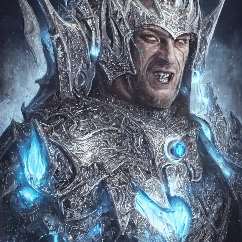 Image similar to portrait of Anthony Starr as The Lich King Prince Arthas, intricate abstract, intricate artwork. nightmare fuel. by Tooth Wu, wlop, beeple, dan mumford. octane render, trending on artstation, greg rutkowski very coherent symmetrical artwork. cinematic, hyper realism, high detail, octane render, 8k, iridescent accents