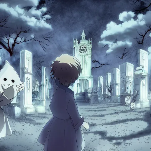 Image similar to anime hd, anime, 2 0 1 9 anime, ghost children, children born as ghosts, dancing ghosts, london cemetery, albion, london architecture, buildings, gloomy lighting, moon in the sky, gravestones, creepy smiles