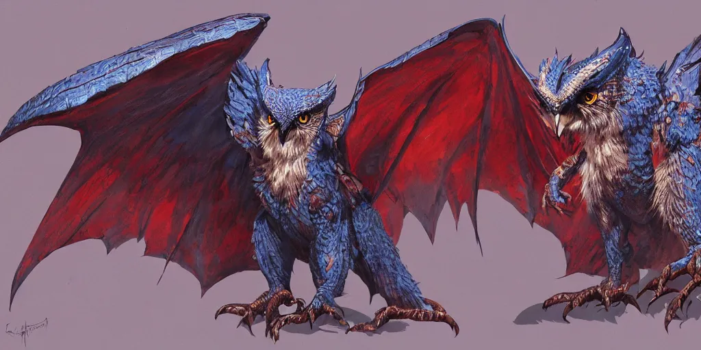 Image similar to Draconian dark reflective blue owl creature, character design sheet, Monster Hunter Illustrations art book, sharp and scaly feathers, huge wings, thick and strong legs, huge and sharp claws, red beak, Moebius, Greg Rutkowski, Zabrocki, Karlkka, Jayison Devadas, Phuoc Quan, trending on Artstation, 8K, ultra wide angle, zenith view, pincushion lens effect.