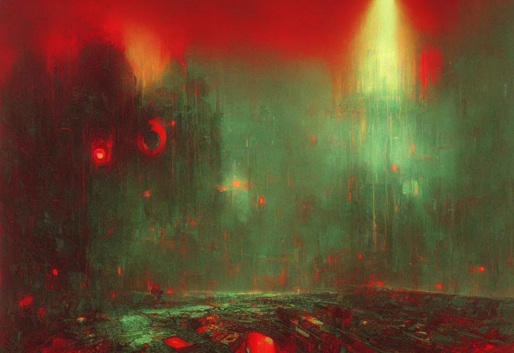 Image similar to blind endless disappointment of crying souls in crack of humanity dissolution, red and green palette, volume light, fog, by ( h. r. giger ) and paul lehr