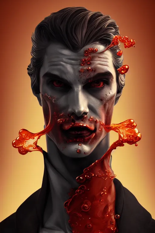 Image similar to bust of a man vampire , strong boy, gradient black red, dreamy and ethereal, orange eyes, golden ratio, vicious expression, ornate frilly suit, fantasy, intricate, elegant, rainbow bubbles, highly detailed, digital painting, artstation, concept art, smooth,b sharp focus, illustration, art by artgerm and greg rutkowski and alphonse mucha
