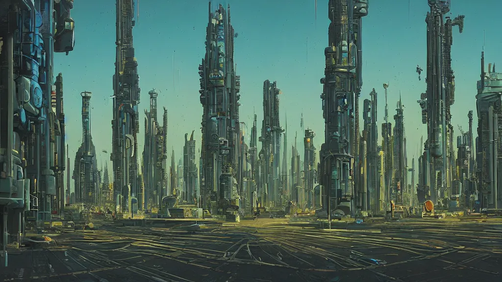 Image similar to sci fi city, 3 point perspective, by simon stålenhag and Michael Whelan, high contrast, cinematic