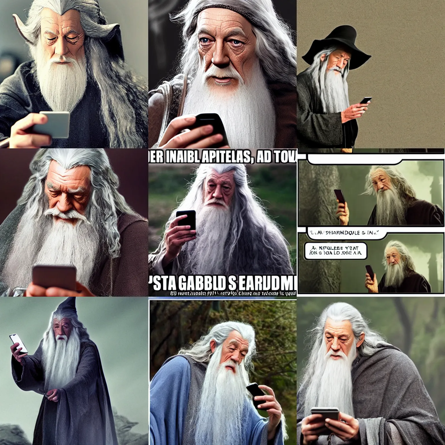 Prompt: Gandalf sending a sms with his iphone, realistic