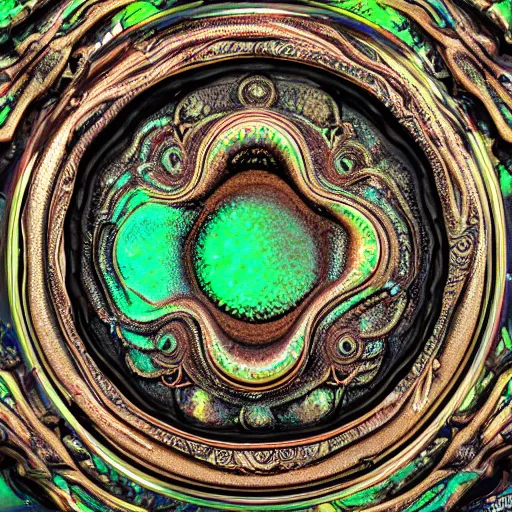 Image similar to Art Nouveau cresting oil slick waves, hyperdetailed bubbles in a shiny iridescent oil slick wave, black opals, ornate copper patina medieval ornament, rococo, oganic rippling spirals, octane render, 8k 3D