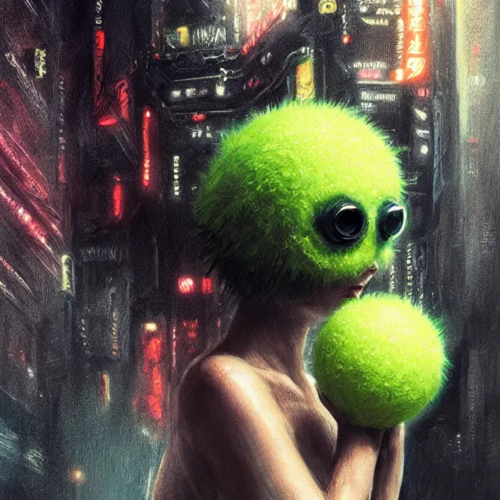 Image similar to cinematic portrait of a cute tennis ball monster, cyberpunk, bladerunner, chalk, masterpiece, trending on artstation, featured on pixiv, cinematic composition, dramatic pose, beautiful lighting, sharp details, hyper - detailed, hd, hdr, 4 k, 8 k, art by basil gogos