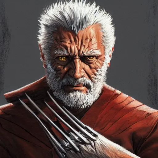 Image similar to portrait of old man logan, wolverine, intricate, elegant, highly detailed, centered, grungy, digital painting, artstation, concept art, smooth, sharp focus, boris vallejo