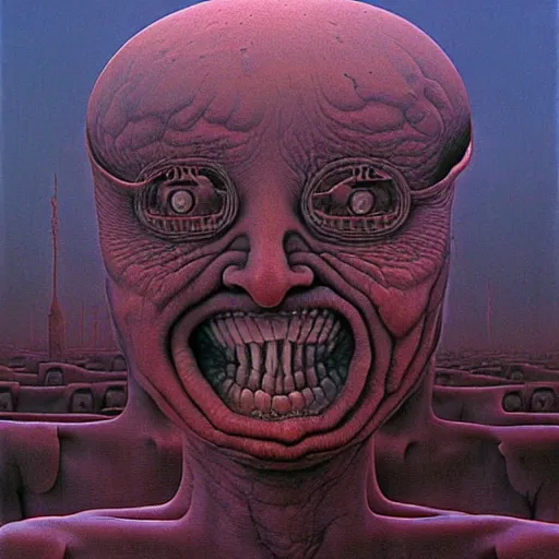 Prompt: highly detailed dystopian surreal painting of eerie grinning head statues and buildings by zdzisław beksinski