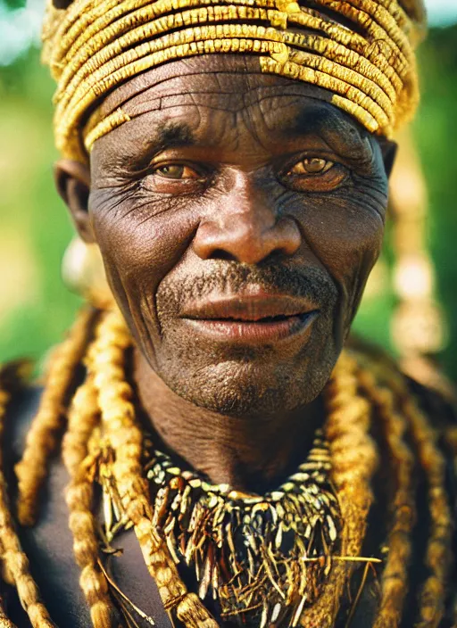 Prompt: analogue photo of an igbo tribal chief, 35mm, f/1.4, Golden Hour light, national geographic, photographed by Martha Cooper,