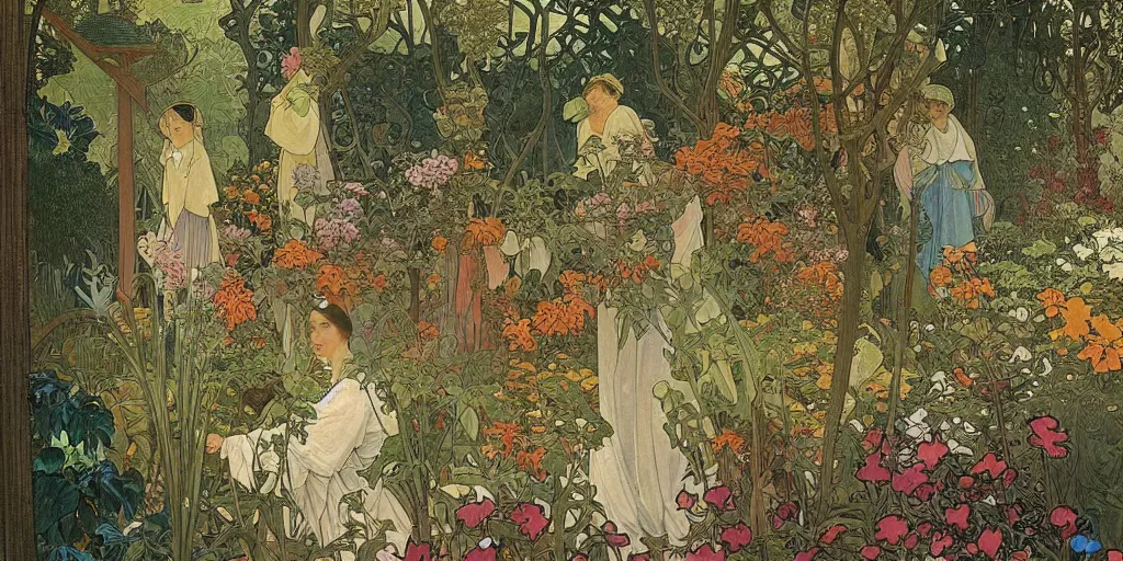 Image similar to a painting of a beautiful garden, isometric view, painted by alphonse mucha and hieronymus bosch and hasui kawase, dramatic lighting, vivid colours.