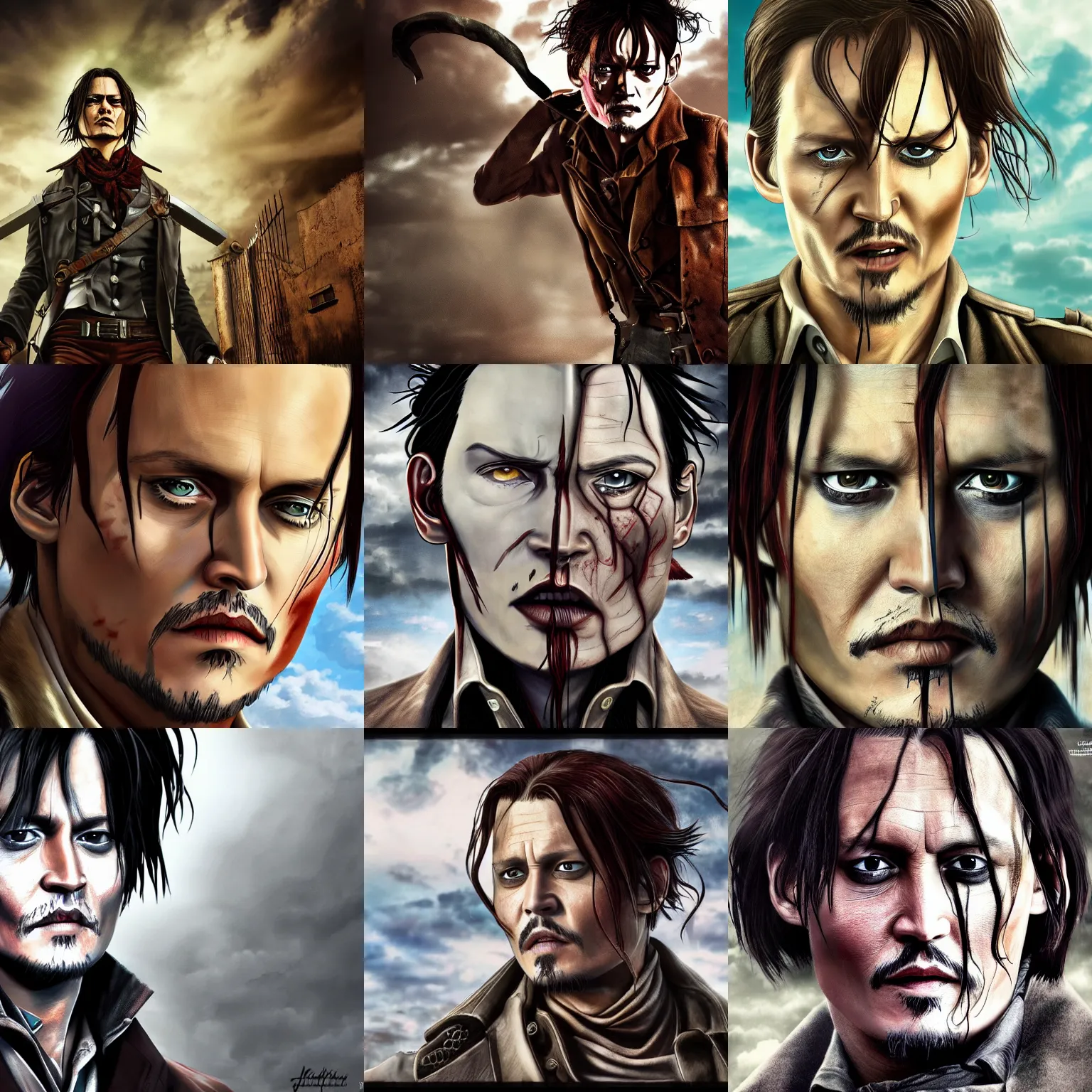 Prompt: Johnny Depp as a titan in Attack on Titan, digital art, 4k