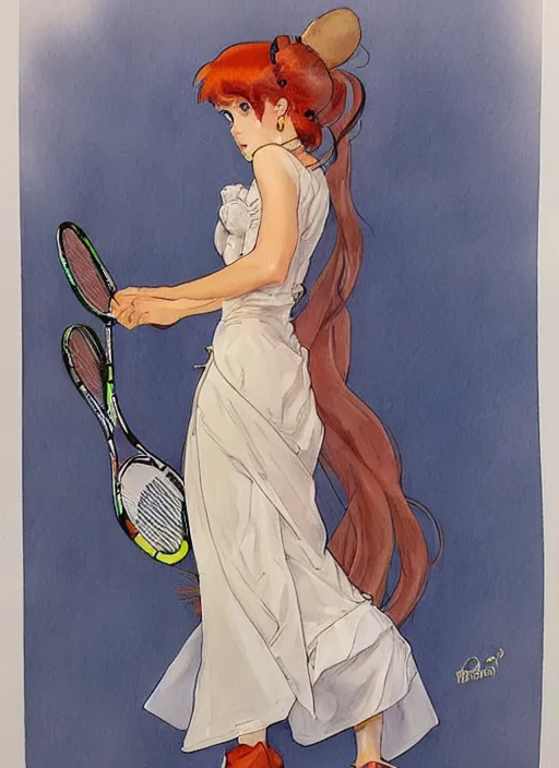 Image similar to a copic maker art nouveau portrait of a russian beautiful girl with sad face wearing a tennis player outfit inspired in inuyasha clothes by john berkey norman rockwell