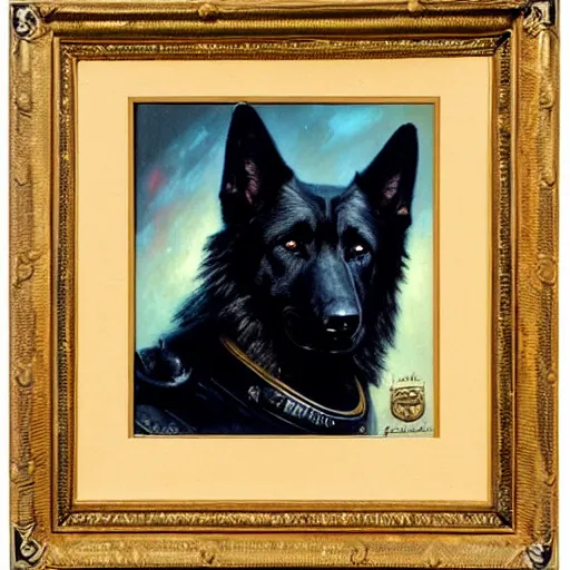 Image similar to a portrait of a black german shepard dogman canine star trek officer. highly detailed painting by gaston bussiere, craig mullins, j. c. leyendecker, furry