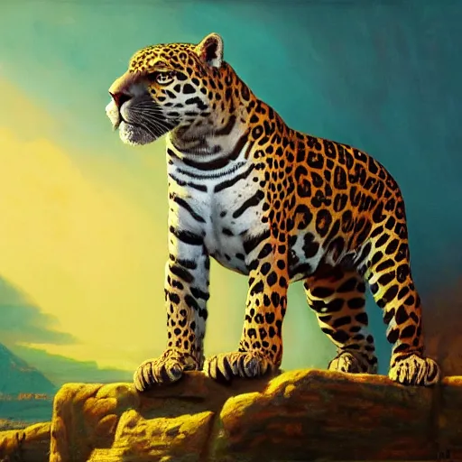 Image similar to mighty jaguar in summer nigt, beautiful colours, sharp textures, biotechnology, nikolay georgiev, alex ross, bruce pennington, donato giancola, larry elmore, masterpiece, oils on canvas, trending on artstation, featured on pixiv, cinematic composition, sharp, details, hyper - detailed, hd, hdr, 4 k, 8 k