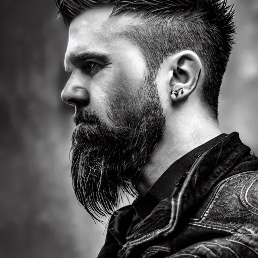 Prompt: bust portrait of handsome proud man with short black hair with a touch of grey hair, viking very short full beard warrior, cyberpunk, fashion editorial photography, waist up, low angle