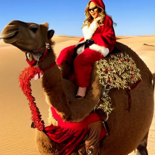 Prompt: mariah carey in a santa outfit while riding a camel in the desert