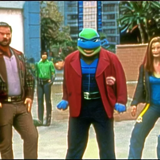 Image similar to screenshot from the missing episode of the 90s tv show sliders where the sliders met up with the teenage mutant ninja turtles
