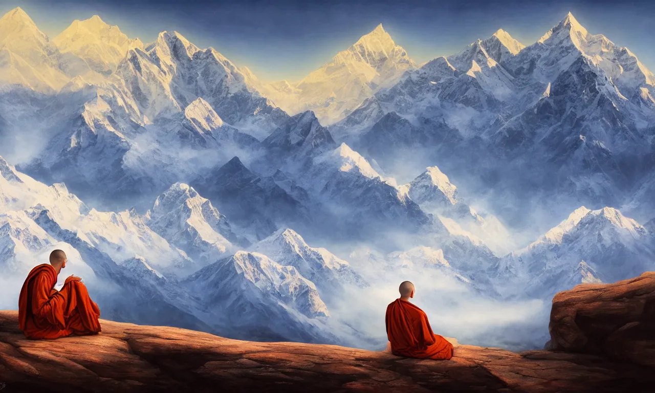 Prompt: a robed monk sitting zen-like at the peak of the himalayas with the peaks beyond visible through clouds, 3AM with the sunet peeking through the pillow-like cotton-like clouds , hyperdetailed, octane , hyper realistic , detailed , interior , hyperfocal 8k , in the style of Noah Bradley