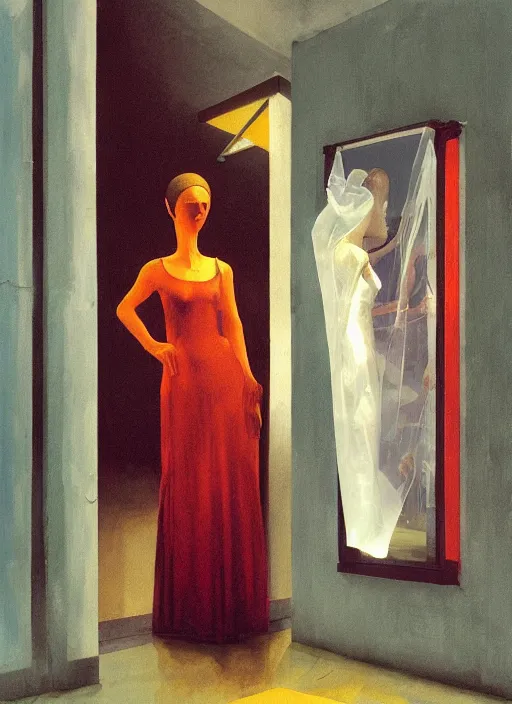 Prompt: woman in a translucent dress made from plastic bag with paper bags for clothes standing inside paper bags with paper bag over the head at store display in a pile of plastic bags Edward Hopper and James Gilleard, Zdzislaw Beksinski, highly detailed