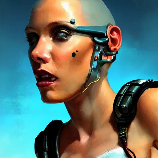 Image similar to tank girl, highly detailed, half human, half cyborg, power implants, full body transmogrify, low camera angle, point of view looking up from below, beautiful, mesmerising, look of desire, loving stare, battle action shot, digital painting, trending on artstation, concept art, 4 k, sharp focus, illustration, art by greg rutkowski