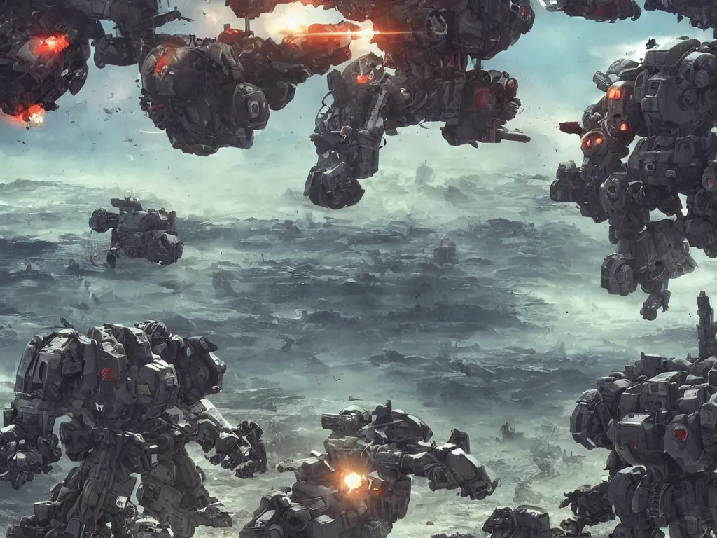 Image similar to ariel view, wide angle view, war mechs fighting, mech battlefield, war - torn, desolate gloomy planet, science fiction