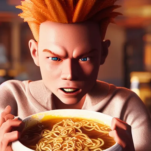 Image similar to Korbin Dallas from the movie The Fifth Element eating a bowl of ramen, 8k resolution, extremely detailed, octane render