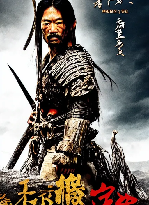 Prompt: movie poster for predator film shot in feudal japan staring hiroyuki sanada as a disgraced ronin, who hunts down the predator after he fails to protect his master from it