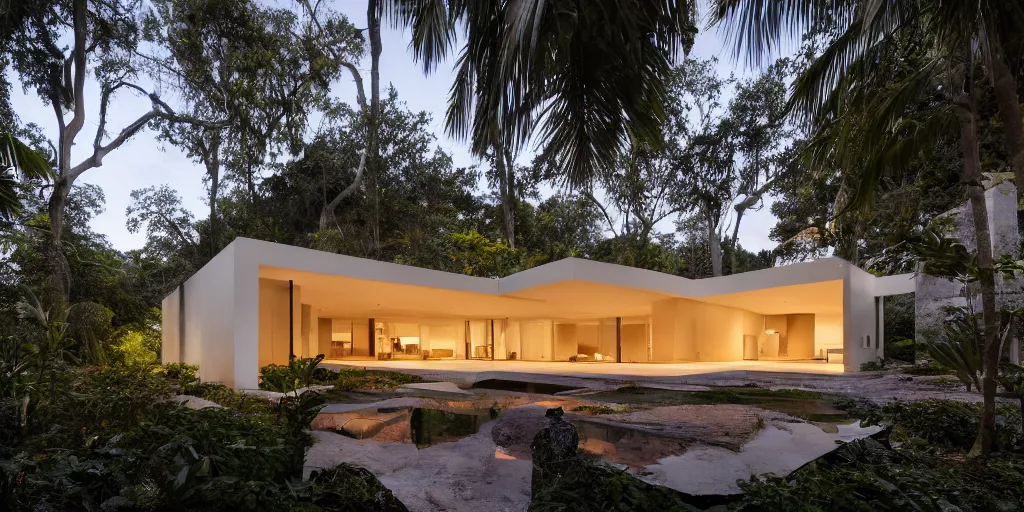 Prompt: Architectural photography of beautiful nature meets architecture concept of a residential house by Luis Barragán, in a tropical forest, volumetric lighting,, luxury, high detail, 14mm, cinematic photography, archdaily, hgh resolution