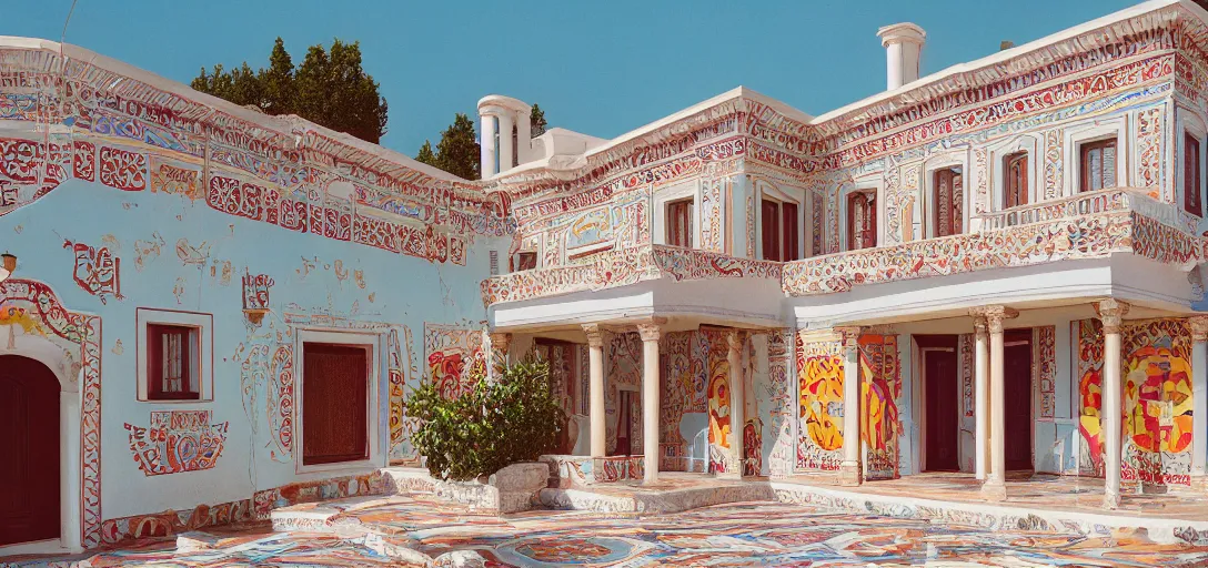 Prompt: large house in greece with multicolored portuguese tiles. photographed by wes anderson. fujinon premista 1 9 - 4 5 mm t 2. 9. portra 8 0 0.