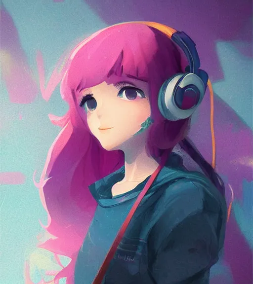 Image similar to beautiful little girl character inspired by 9 0's fashion and by madeline from celeste, art by rossdraws, wlop, ilya kuvshinov, artgem lau, sakimichan and makoto shinkai, concept art, headphones, anatomically correct, extremely coherent, realistic, smooth hd