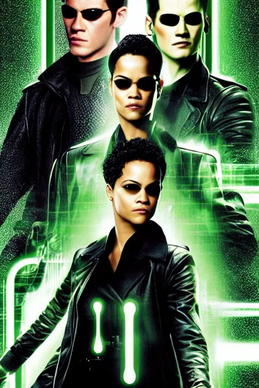 Prompt: a movie poster portrait taken from the new matrix movie featuring ( rhianna and tessa thompson ) with beautiful flowing hair, wearing sun glasses and black leather trench coat, green matrix symbols and light beams flash in the background, extremely detailed, extremely symmetrical facial features, no text, by kevin fiege 8 k