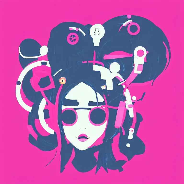 Prompt: minimalist logo for an online store that sells art. cute cyberpunk kawaii aesthetic. vector art illustration, girl, 📸, 🎨, made with illustrator, trending on artstation hq, deviantart, vibrant colors, digital art, logotype, 8 k post - processing, smooth, clean vector lines, sharp focus, winning award masterpiece