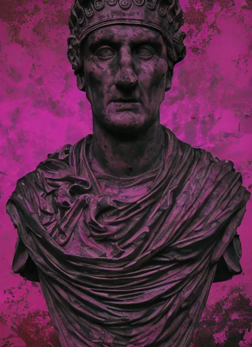 Prompt: elegant dark design poster showing a statue of the roman emperor julius caesar with a skull, black background with very subtle red and purple design elements, bold, powerful, nekro, vito acconci, thin straight purple lines, dark, glitch art, neo vaporwave, gritty, layout frame, square, trending on artstation