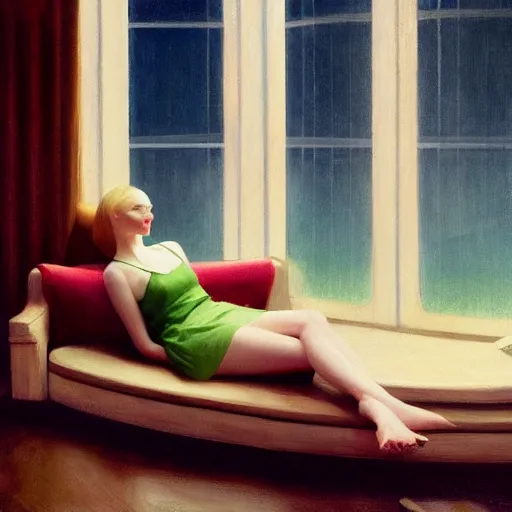 Prompt: Elle Fanning in the world of Edward Hopper, stormy weather, extremely detailed masterpiece, oil on canvas, low-key neon lighting, artstation, Blade Runner 2049, Roger Deakin’s cinematography, by J. C. Leyendecker and Peter Paul Rubens,