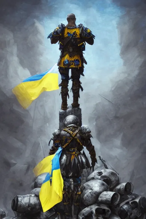 Image similar to a distant shot from behind of a Ukrainian super soldier with blue and yellow flag behind him standing alone on a huge pile of skulls as a winner, masculine muscular figure, D&D, fantasy, intricate, elegant, highly detailed, extremely detailed, rim lighting, octane render, 8k, digital painting, artstation, concept art, matte, sharp focus, symmetrical, illustration, art by Artgerm and Greg Rutkowski and Alphonse Mucha