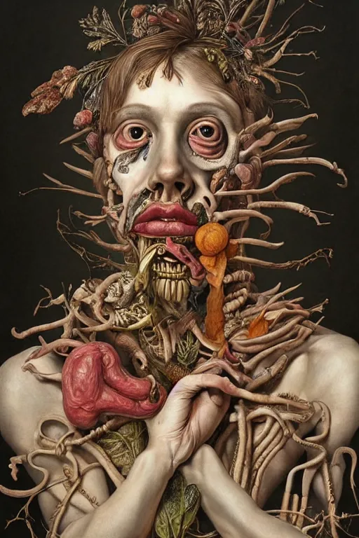 Image similar to Detailed maximalist portrait of a greek god with large lips and eyes, scared expression, botanical anatomy, skeletal with extra flesh, HD mixed media, 3D collage, highly detailed and intricate, surreal illustration in the style of Jenny Saville, dark art, baroque, centred in image