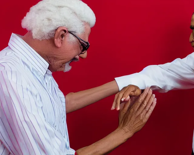 Image similar to Obama giving Colonel Sanders from KFC a handshake, photograph, red background with white stripes, 8k, commercial lighting, professional lighting