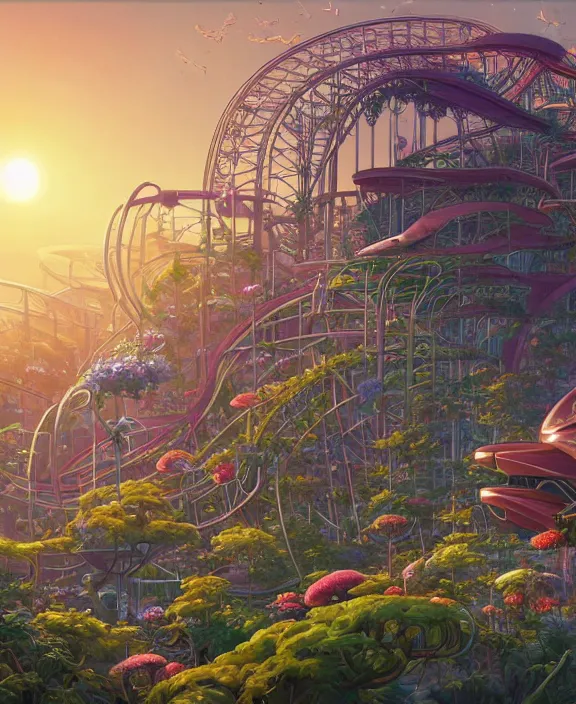 Image similar to simplicity, elegance, a roller coaster building made out of bizarre organic creatures, in the style of a streamlined asymmetrical spaceship, overgrown with flowers, sun - drenched environment, by dan mumford, yusuke murata, makoto shinkai, ross tran, cinematic, unreal engine, cel shaded, featured on artstation, pixiv