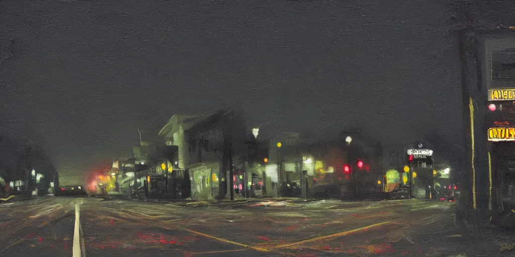 Prompt: painterly, ((messy)), ominous! landscape of north bend, washington main street, dark, lonely!! stop light glowing, twin peaks, 'lone dark figure'!!