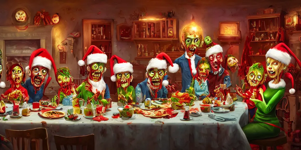 Prompt: a zombie family christmas diner, vivid colors, wide angle, super highly detailed, professional digital painting, artstation, concept art, smooth, sharp focus, no blur, no dof, extreme illustration, unreal engine 5, photorealism, hd quality, 8 k resolution, cinema 4 d, 3 d, beautiful, cinematic, art by tim burton