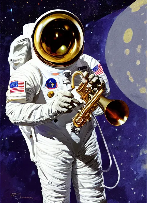 Image similar to a portrait of louis armstrong wearing a space suit on the moon, ( ( ( trumpet ) ) ), by greg manchess and john singer sargent and jonathan yeo, dramatic lighting, highly detailed digital painting