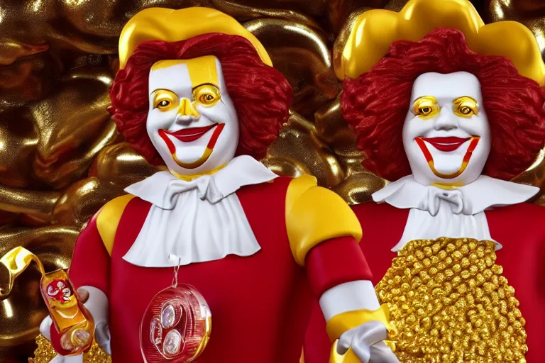 Image similar to a still of ronald mcdonald surrounded by gold and diamonds, award - winning, photograph, 3 d render, unreal engine, 4 k detailed